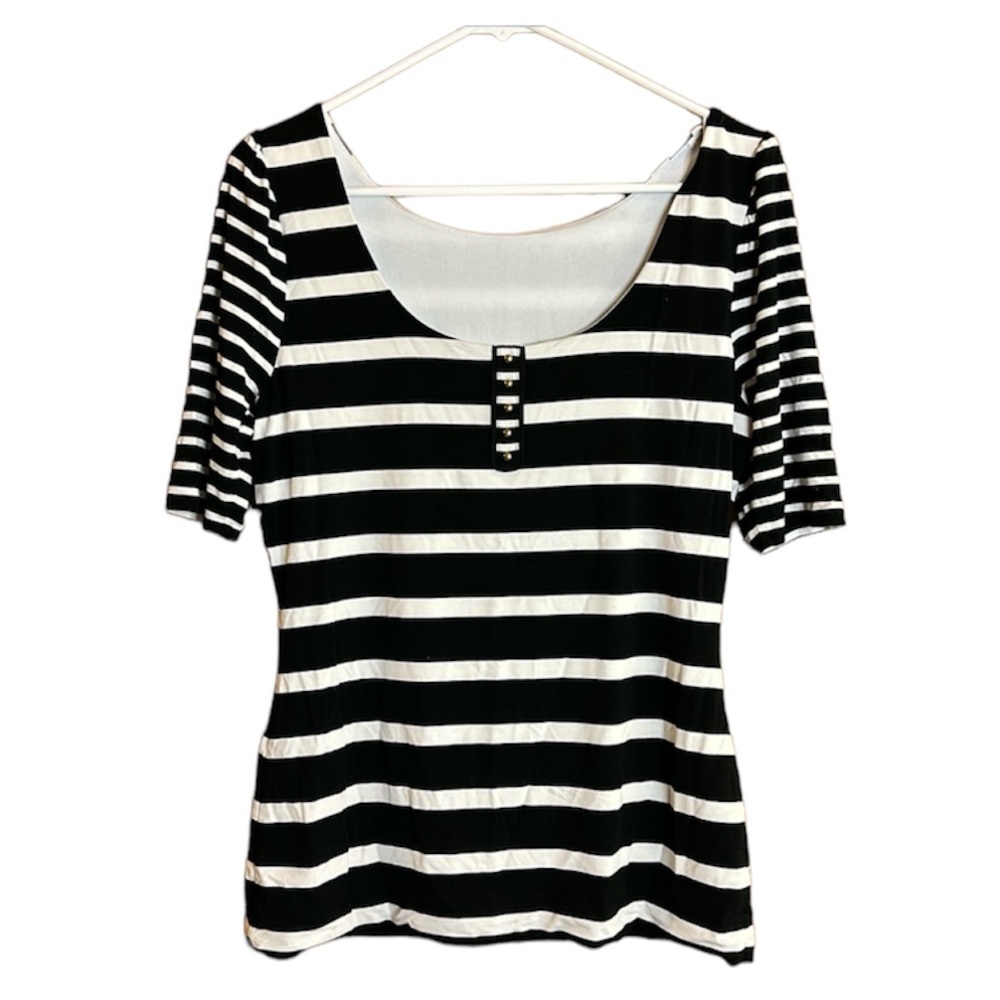 White House Black Market Striped Black & White Short Sleeve Pullover Blouse/Tee